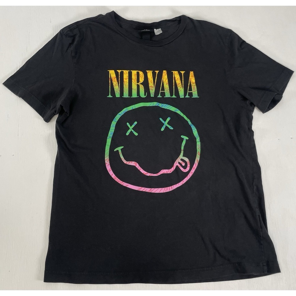 Nirvana H&M Dark Gray Black T-Shirt Pure Cotton Short‎ Sleeve Round Neck Size L